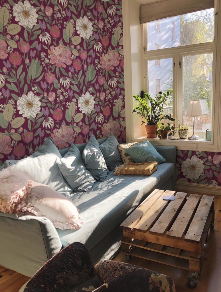 Living room purple wallpaper delicate flowers panoramic spring hand drawn